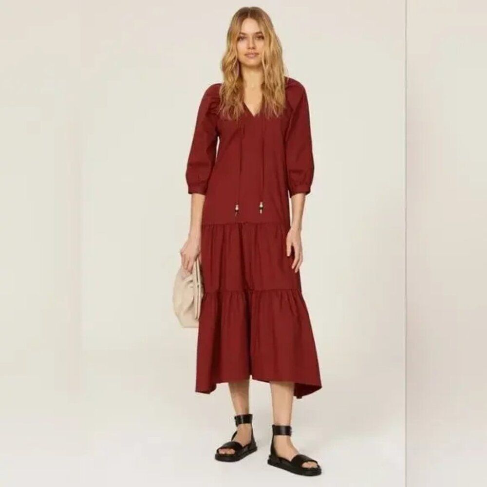 BOSS Hugo Boss Depera Maxi Dress Poplin Tiered Midi Flowy Peasant Burnt Sienna 4